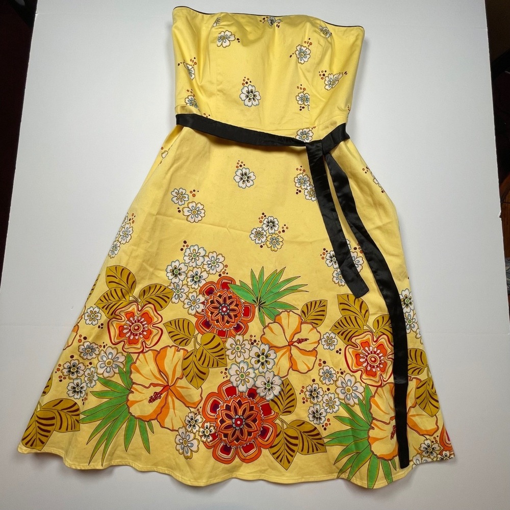 Spenser Jeremy Yellow Tropical Floral Strapless Fit Flare Dress Size 4 Cotton